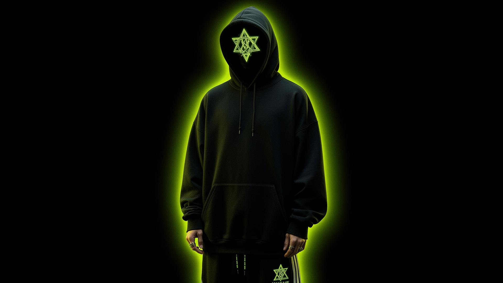 Figura encapuchada en streetwear cyber-oculto
